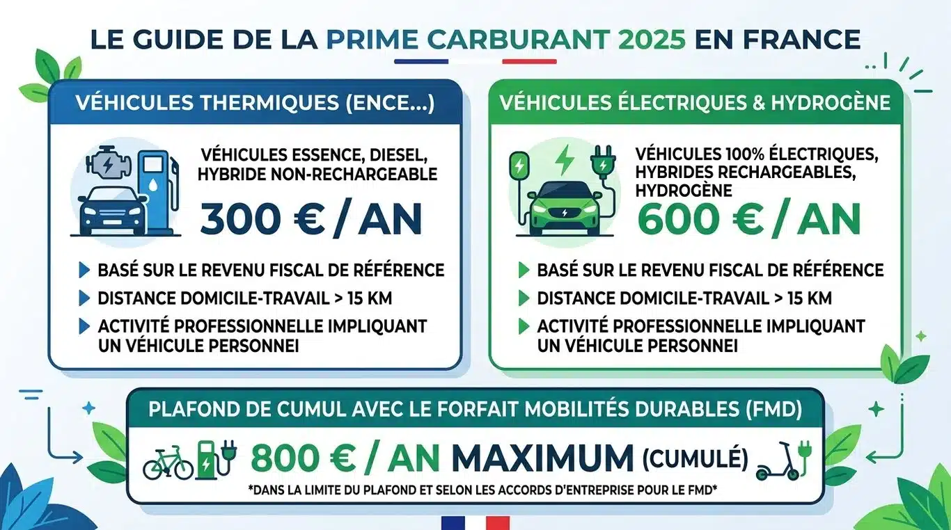 Infographie récapitulative des plafonds de la prime carburant 2025 et cumul avec le forfait mobilités durables