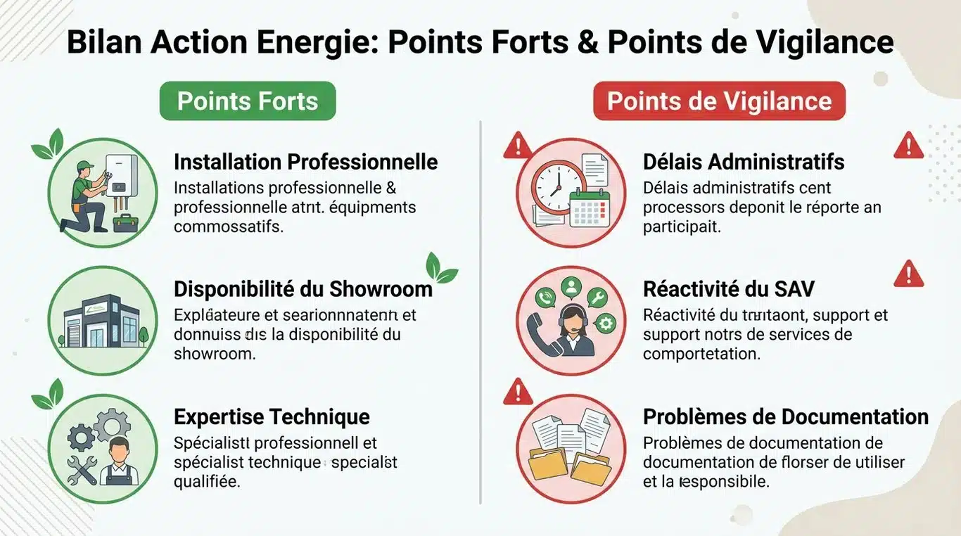 Infographie comparative des points forts et points de vigilance concernant Action Energie