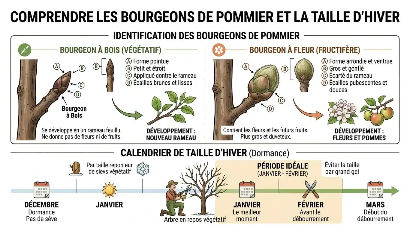 Infographie : Identifier les bourgeons du pommier et calendrier de taille