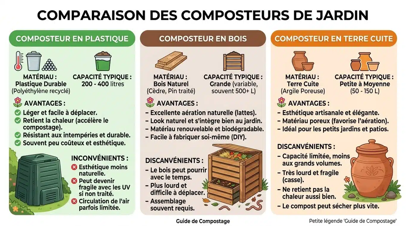 Infographie comparative des différents types de composteurs de jardin