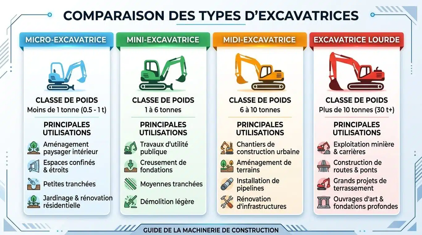 Infographie comparative des types de pelles mécaniques selon leur poids et usage
