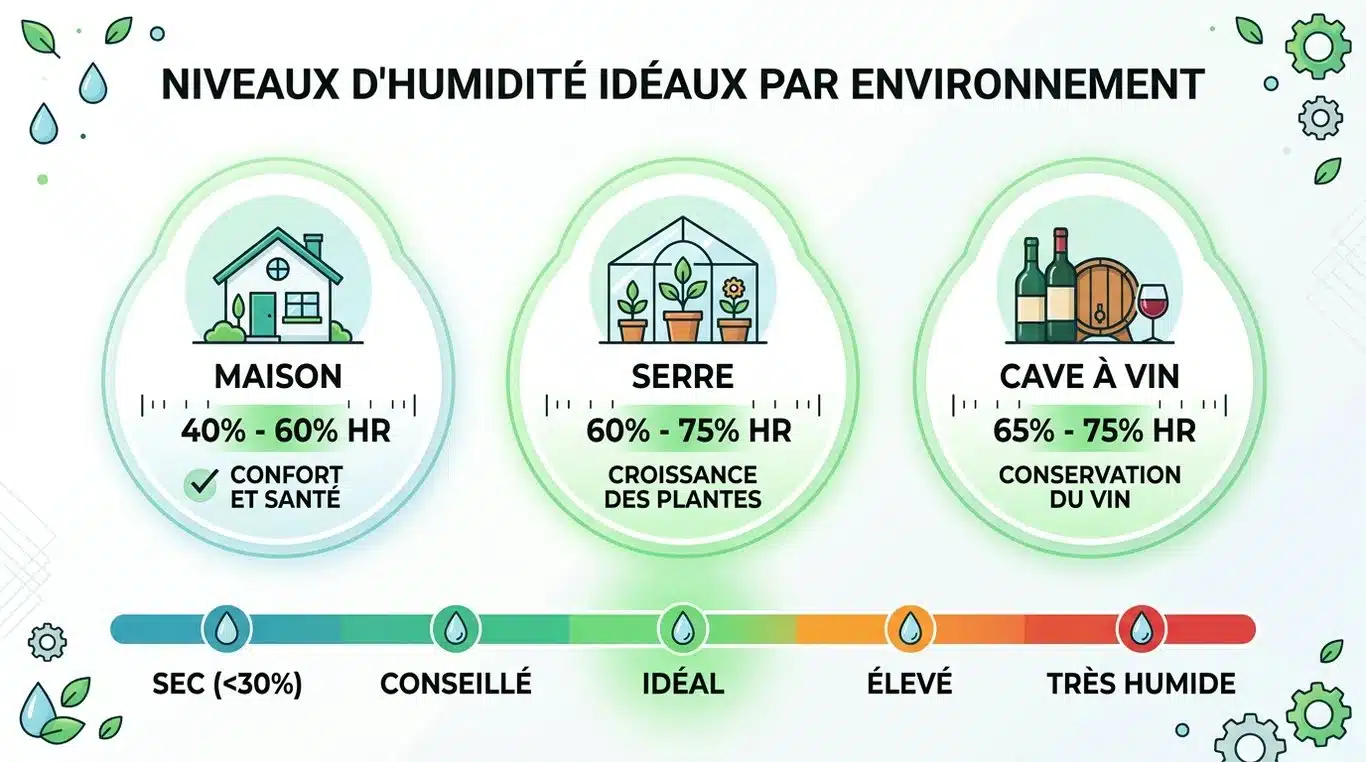 Infographie des taux d'hygrométrie recommandés par usage