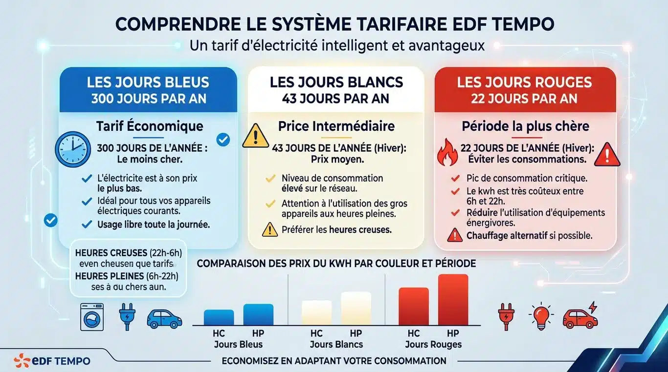Infographie explicative du fonctionnement du tarif Tempo EDF : jours bleus, blancs et rouges.