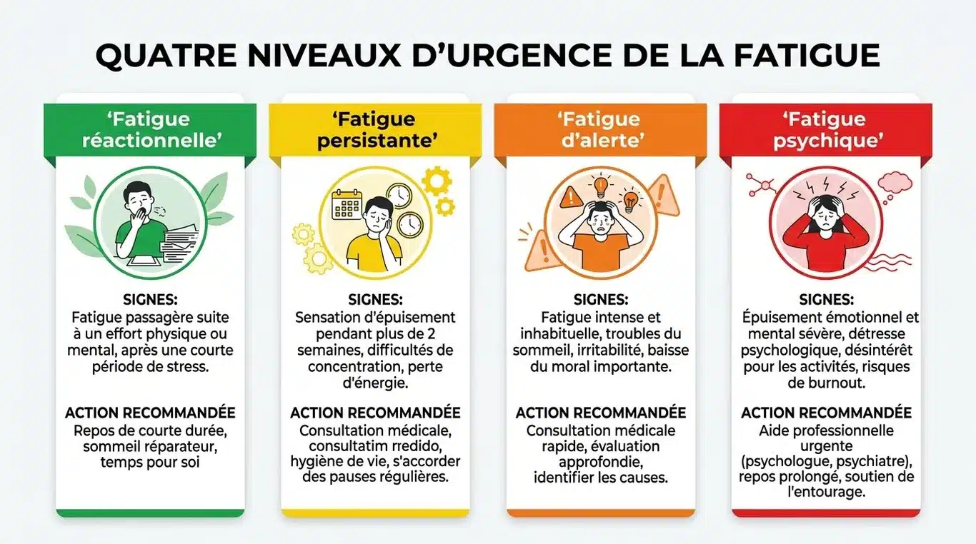 Infographie récapitulative des niveaux de fatigue et des signaux d'alerte pour consulter un médecin