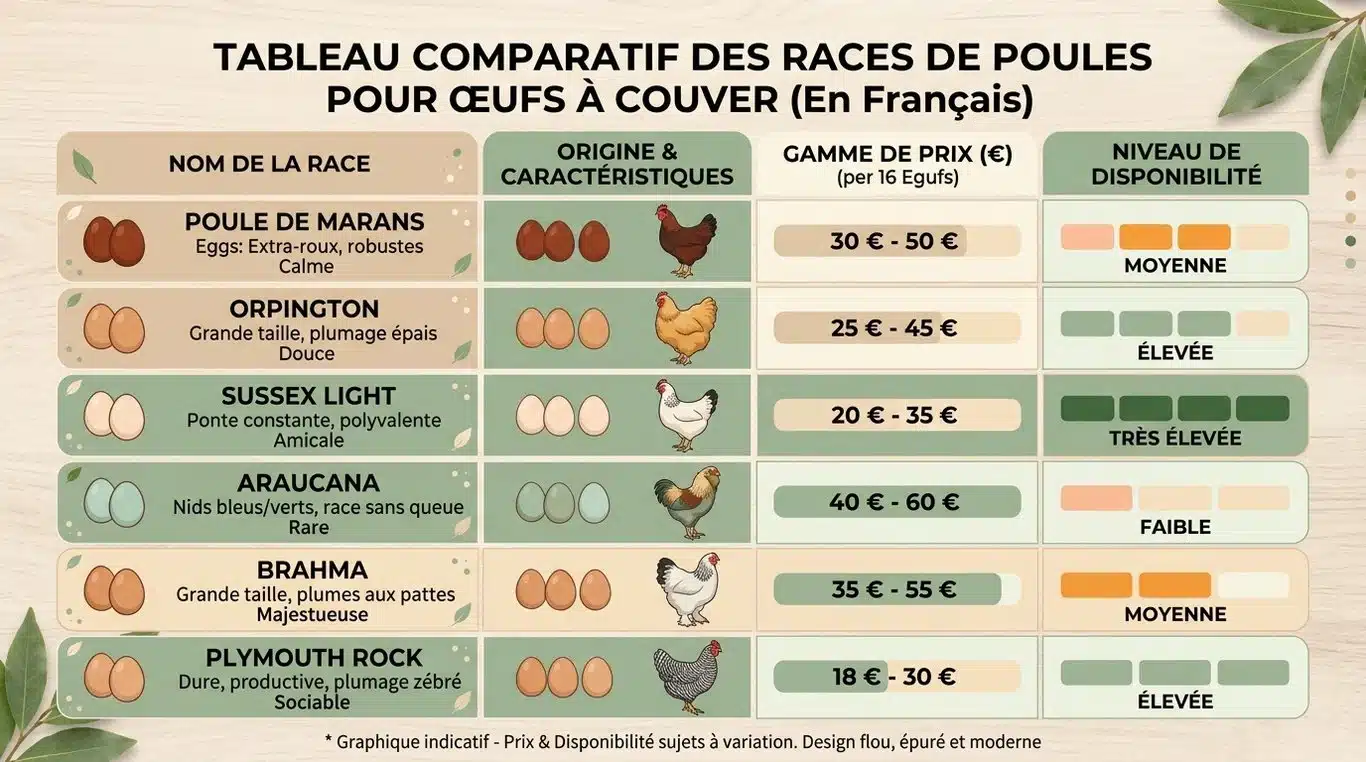 Infographie comparative des races de poules et prix des œufs à couver