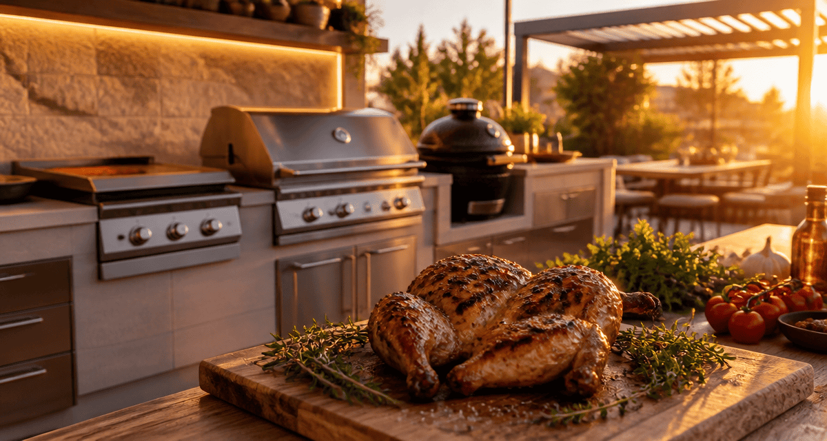 barbecue cuisine extérieure sur terrasse bois avec plancha et kamado