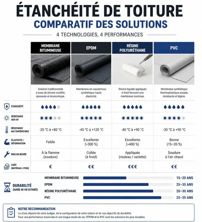 Comparatif des solutions d'étanchéité de toiture : bitume, EPDM, résine et PVC