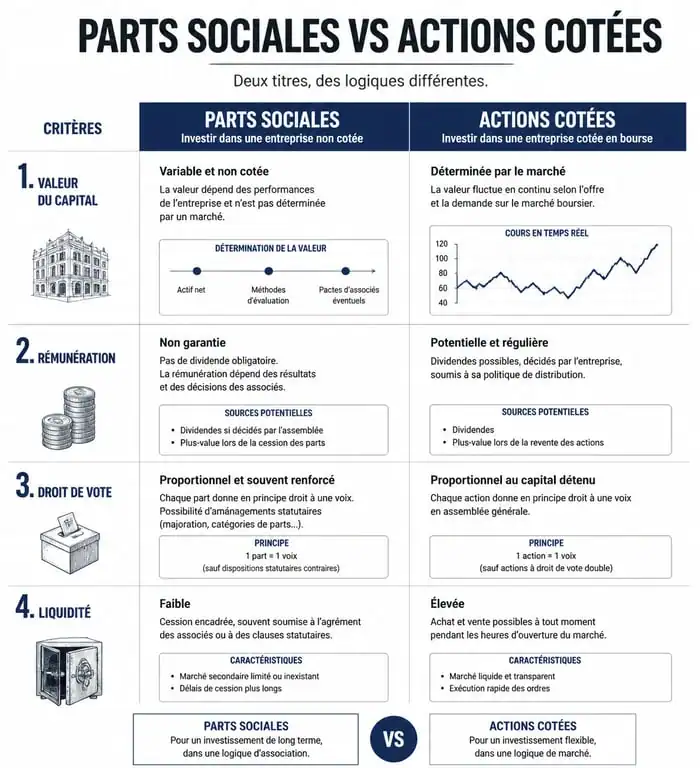 Comparatif entre parts sociales et actions cotées pour comprendre les différences de placement.