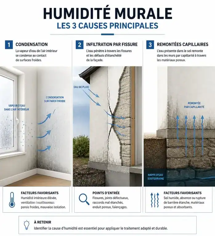 Schéma explicatif des causes de l'humidité sur un mur : condensation, infiltration et remontées capillaires pour comprendre comment enlever l'humidité sur un mur.