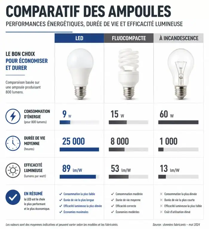 Comparatif des performances entre ampoules LED, fluocompactes et incandescentes pour choisir son ampoule économique.