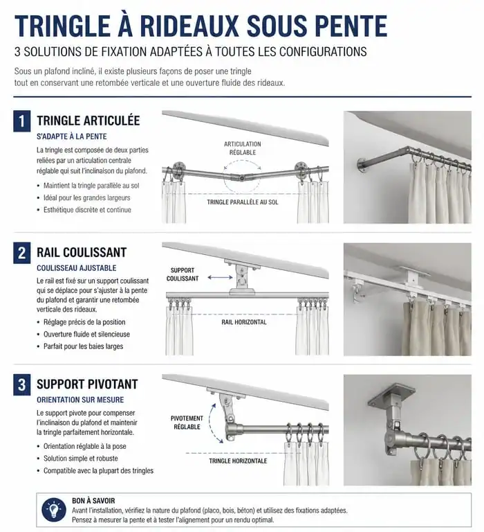 Schéma des solutions de tringle rideau sous pente