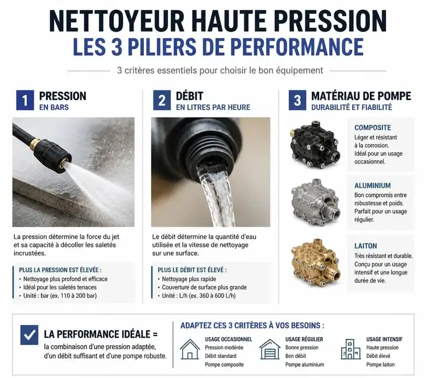 Infographie comparative des critères techniques pour choisir son nettoyeur haute pression