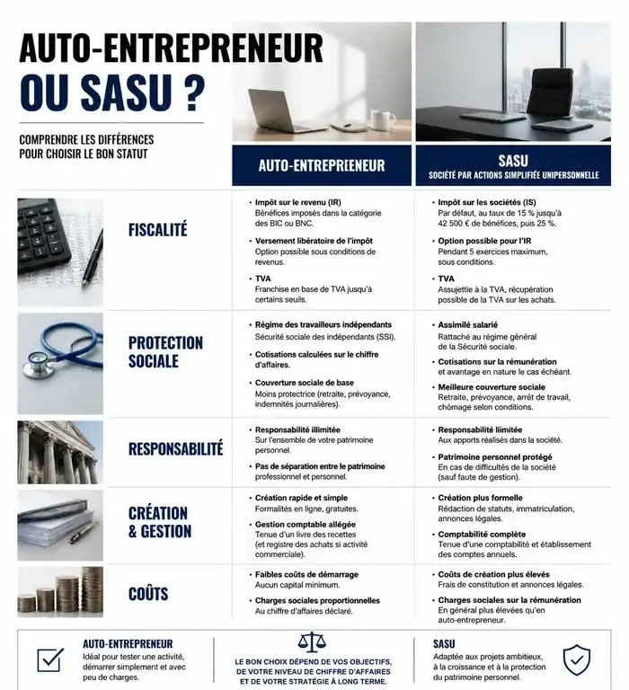 Comparatif auto-entrepreneur vs SASU : fiscalité, protection sociale et responsabilité