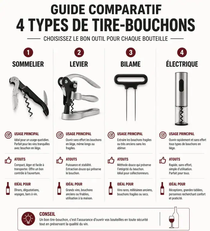 Infographie comparative des différents types de tire-bouchons : sommelier, levier, bilame et électrique.