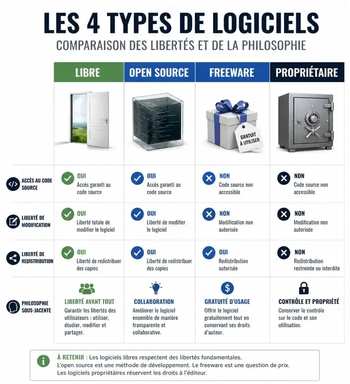 Comparatif visuel des types de logiciels : Libre, Open Source, Freeware et Propriétaire