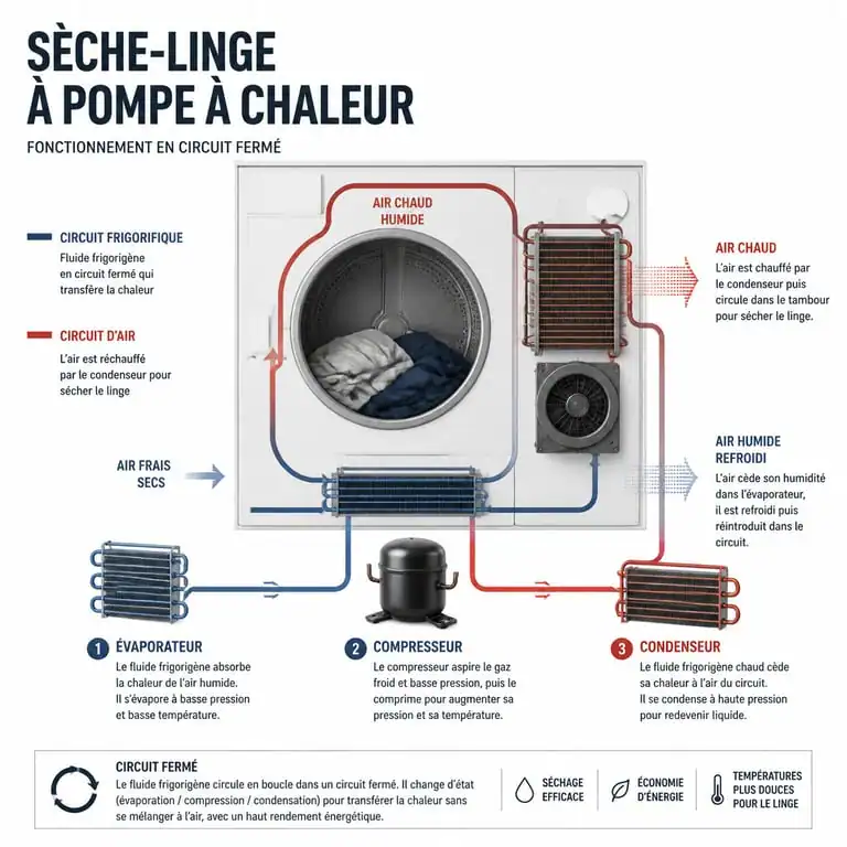 Schéma de fonctionnement d'un sèche-linge à pompe à chaleur