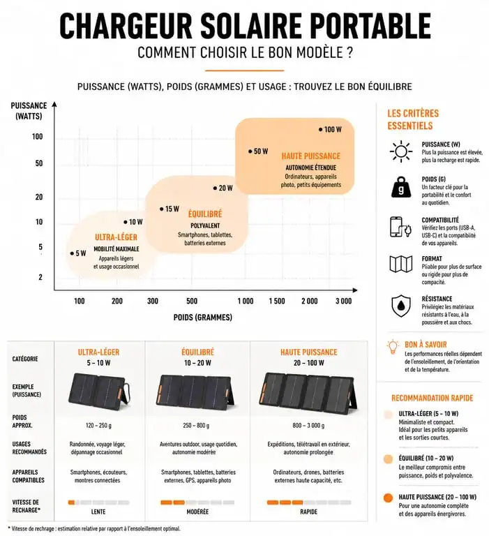 Infographie comparative des critères de choix pour le meilleur chargeur solaire portable selon l'usage