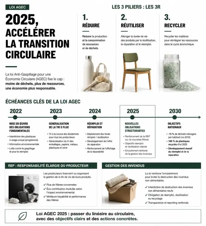 Infographie des objectifs et échéances de la loi AGEC 2025 pour les entreprises