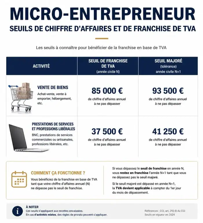 Infographie des seuils de chiffre d'affaires et de franchise de TVA pour le statut de micro-entrepreneur
