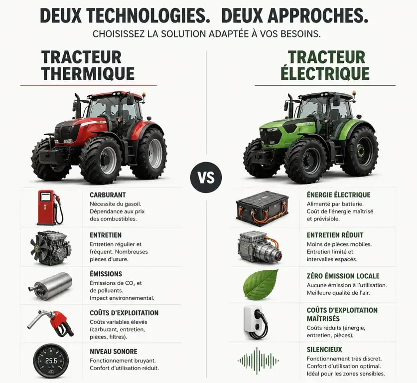 Comparatif technique entre tracteur thermique et tracteur électrique pour l'agriculture
