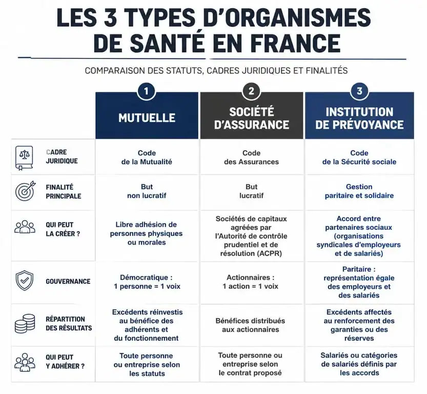 Comparatif des organismes de complémentaire santé : Mutuelle, Assurance et Institution de prévoyance