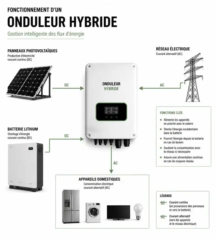 Schéma de fonctionnement d'un kit solaire autoconsommation 6000W avec batterie