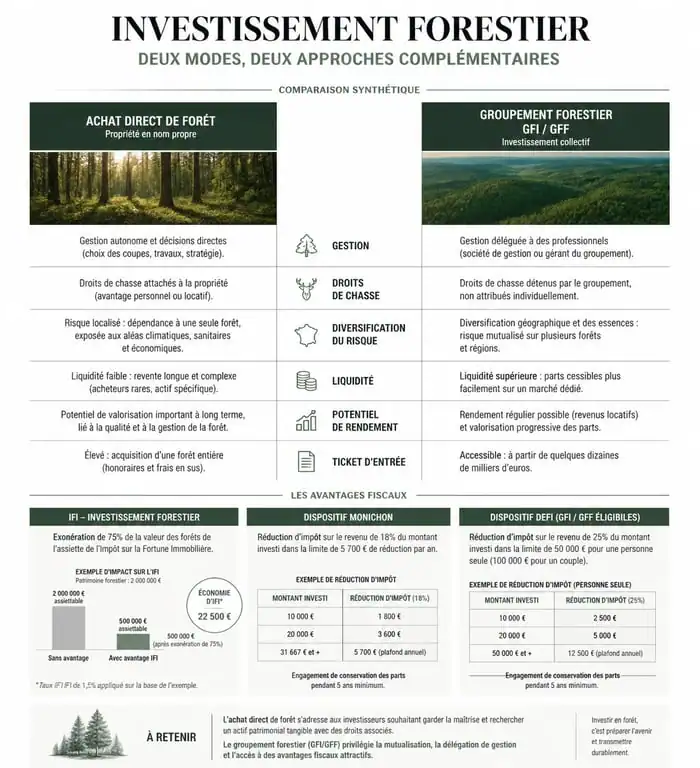 Infographie comparative des modes d'investissement dans la forêt et avantages fiscaux