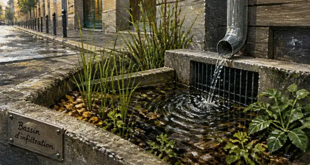 Bassin d’infiltration à ciel ouvert, eau de pluie infiltrée dans le sol