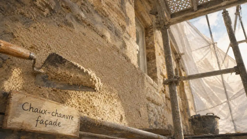 Enduit chaux chanvre exterieur sur mur ancien en pierres