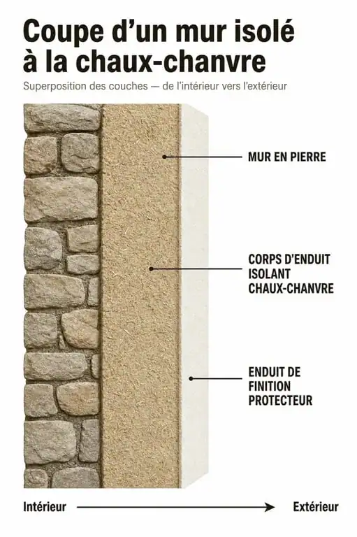 Schéma en coupe d'un mur avec enduit chaux-chanvre extérieur