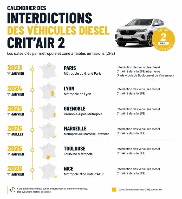 Calendrier des interdictions des véhicules diesel Crit'Air 2 dans les ZFE françaises