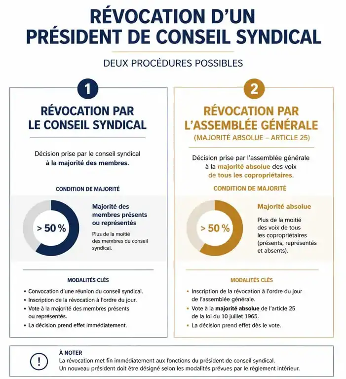 Infographie des procédures de révocation d'un président de conseil syndical autoritaire en copropriété