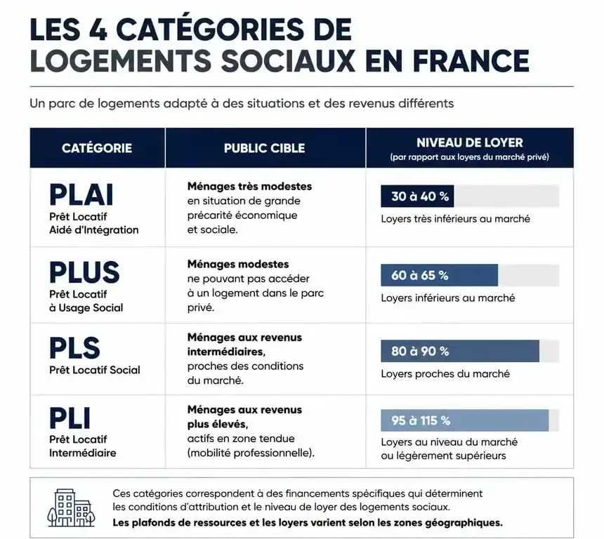 Tableau comparatif des catégories de logement social : PLAI, PLUS, PLS et PLI