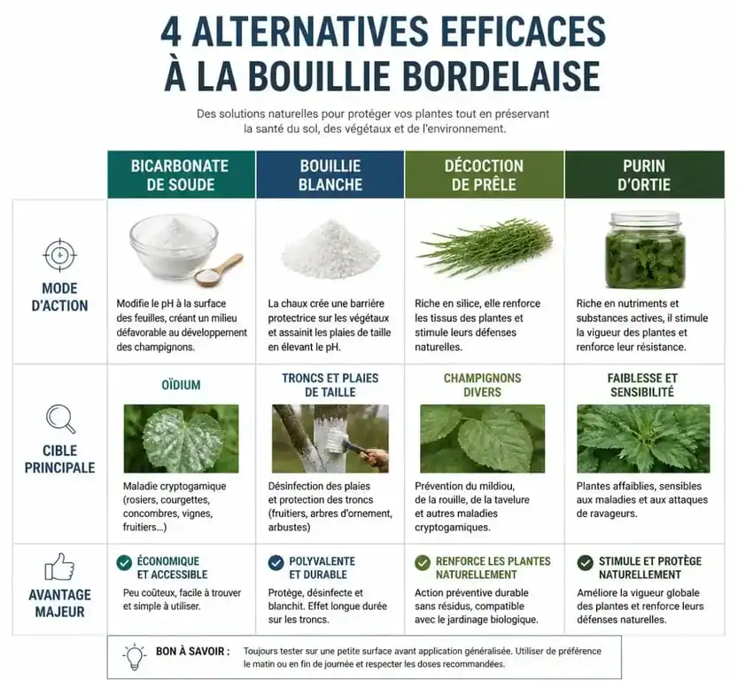 Infographie comparative des alternatives naturelles à la bouillie bordelaise pour le jardin