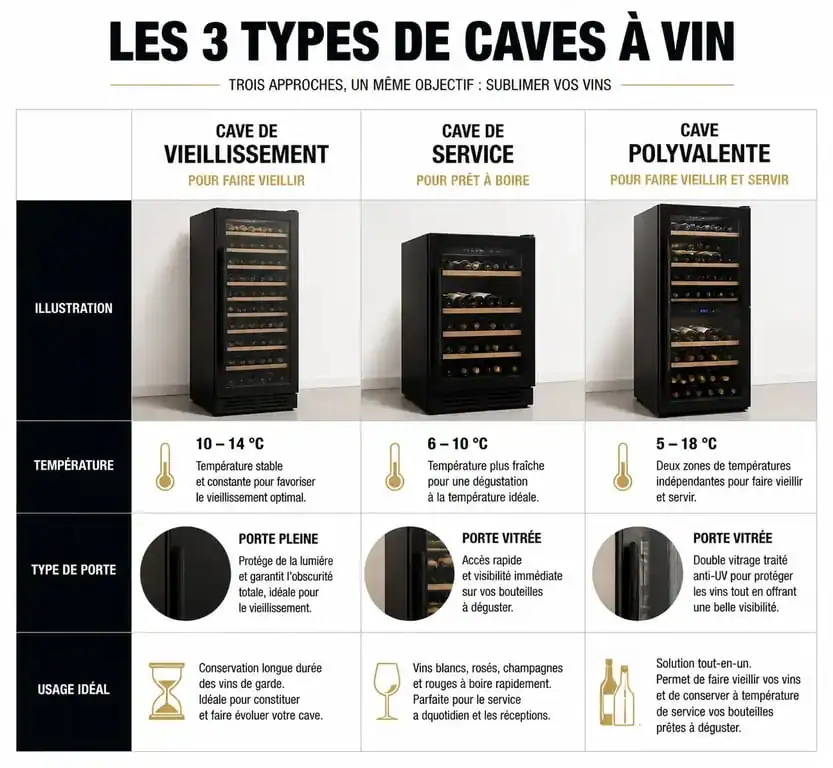 Infographie comparative pour choisir sa cave à vin : vieillissement, service ou polyvalente