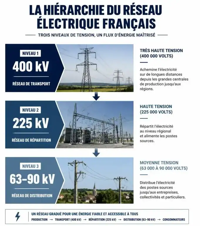 Infographie des niveaux de tension du réseau RTE en France