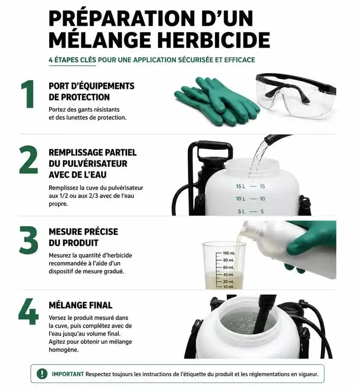 Infographie des étapes de préparation sécurisée d'un dosage Roundup pour le jardin
