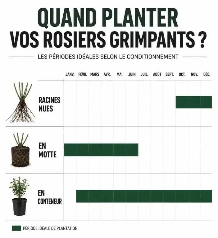 Calendrier de plantation des rosiers grimpants selon le type de racines nues, motte ou conteneur