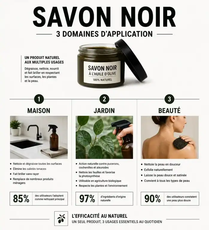 Infographie récapitulative des usages du savon noir pour la maison, le jardin et la beauté