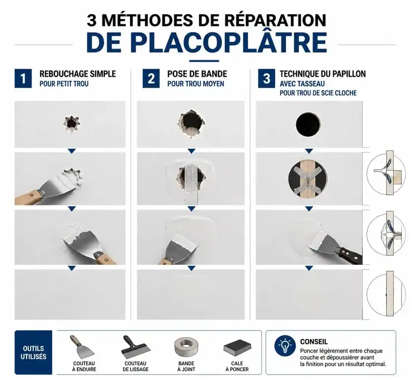Schéma explicatif des techniques pour reboucher un trou dans du placoplâtre selon la taille de l'impact