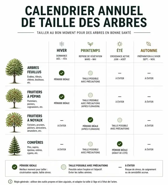 Calendrier annuel de taille des arbres : périodes optimales pour feuillus, fruitiers et conifères