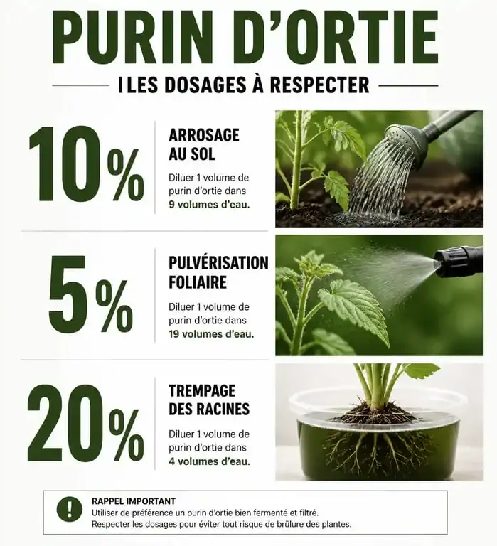 Infographie des dosages recommandés pour l'utilisation du purin d'ortie au jardin
