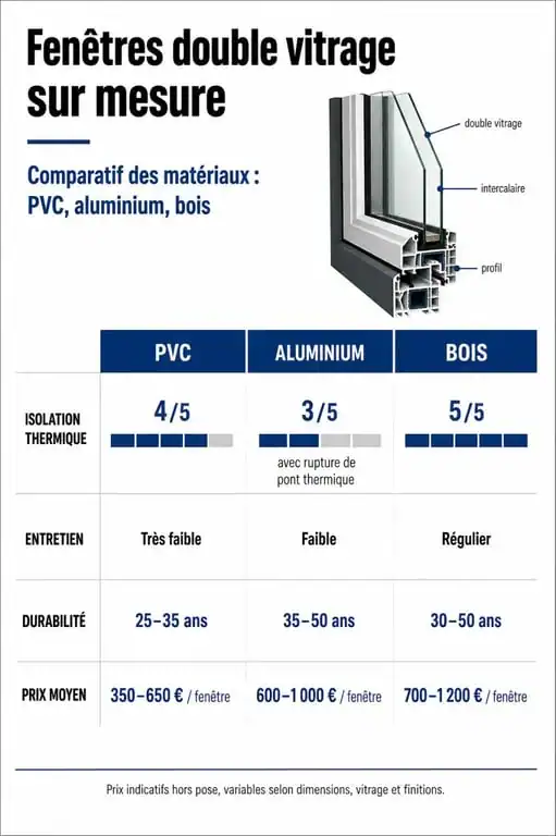 Comparatif des matériaux pour fenêtre double vitrage sur mesure : PVC, aluminium et bois