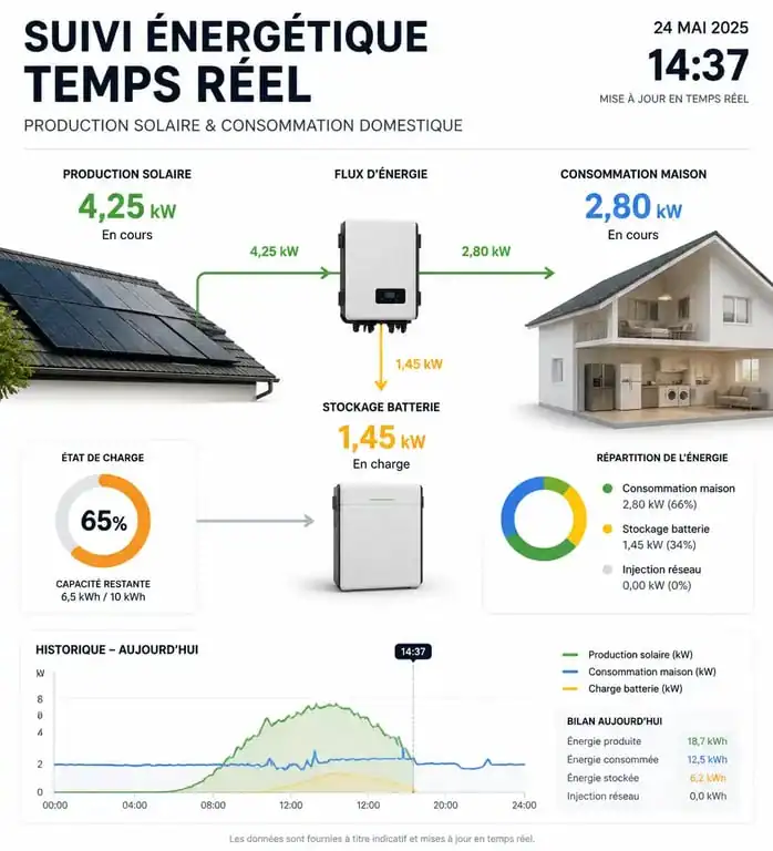 Interface de l'application EDF ENR pour le suivi de la production solaire et de la consommation d'énergie