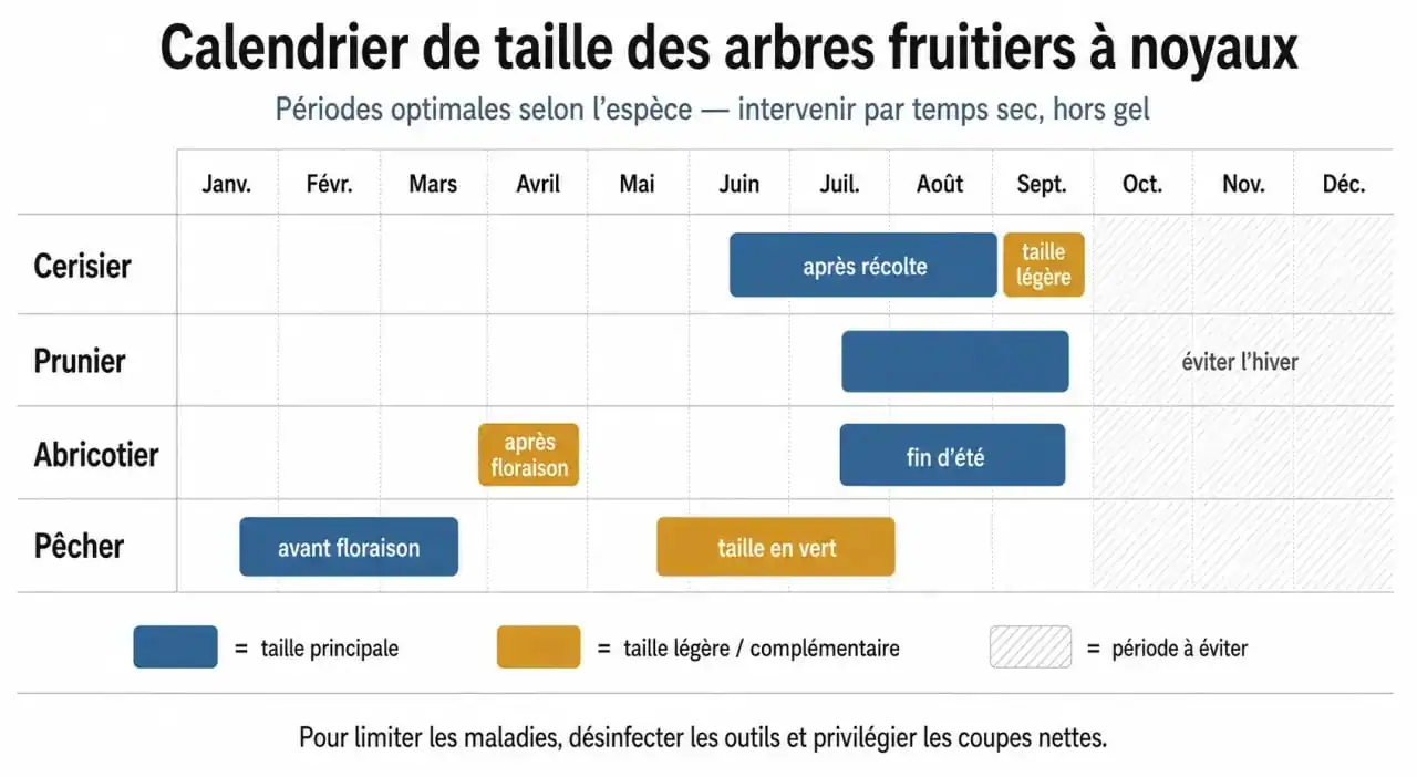 Calendrier de taille des arbres fruitiers à noyaux : cerisier, prunier, abricotier et pêcher