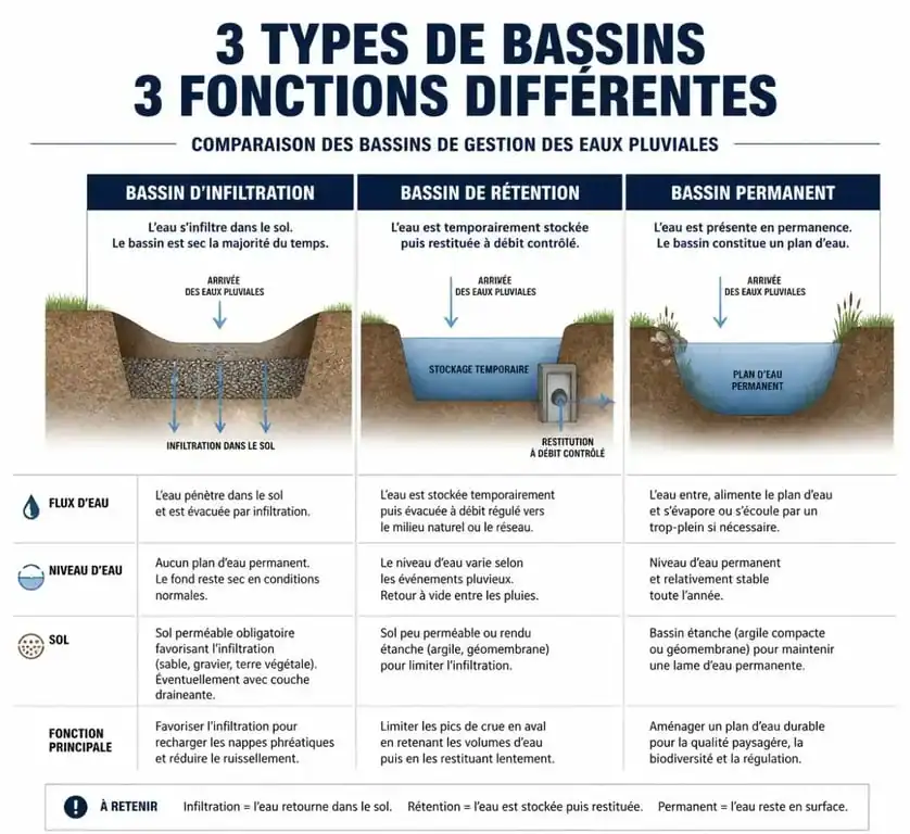 Infographie comparative des différents types de bassins d'infiltration et de rétention des eaux pluviales
