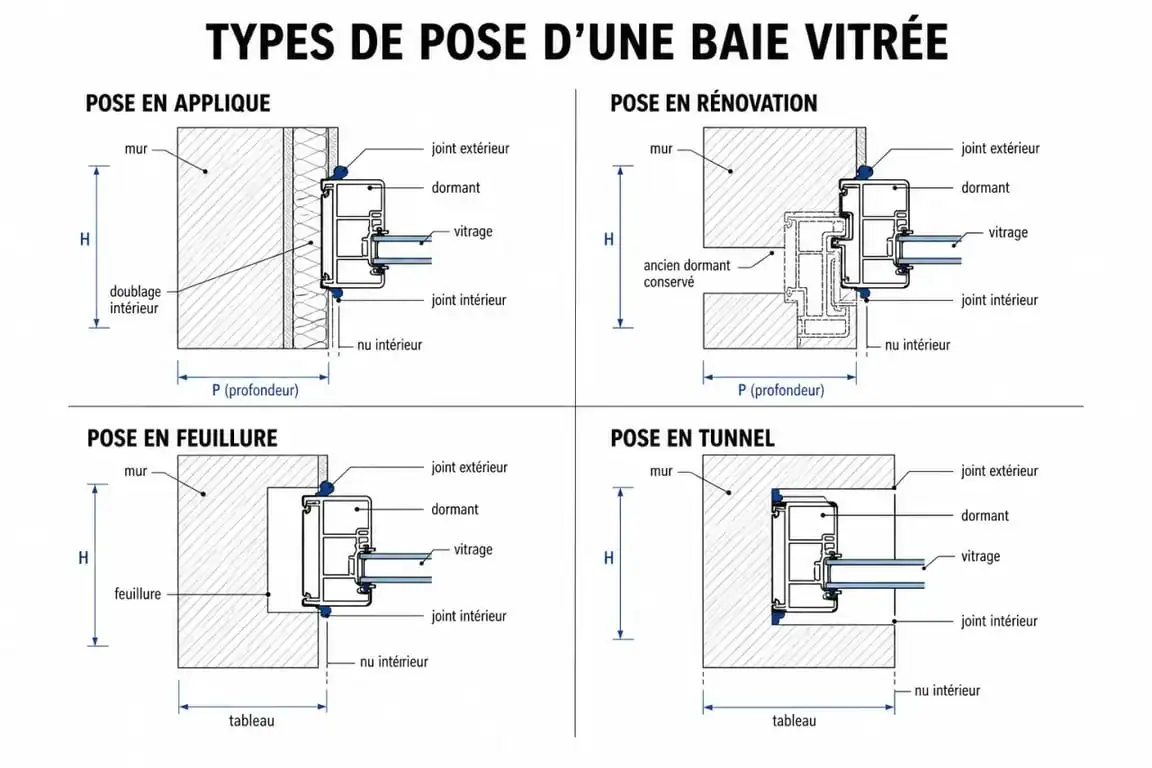 Schéma des différents types de pose pour l'installation d'une baie vitrée