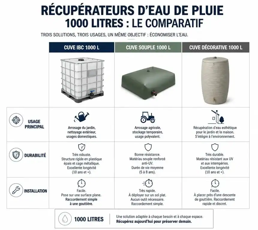 Comparatif des types de récupérateur d'eau 1000l : IBC, souple et décoratif