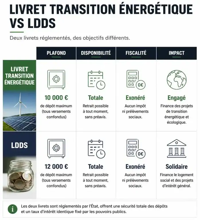 Infographie comparative entre le livret transition énergétique et le LDDS pour comprendre les différences de plafond, fiscalité et impact environnemental.