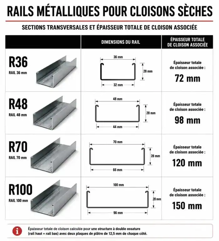 Comparatif des dimensions des rails pour placo R36, R48, R70 et R100